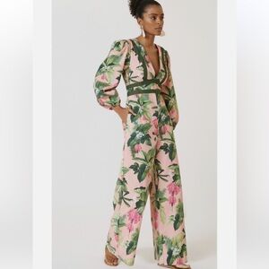 Farm Rio X Anthropologie Pink Green Palm Tree Deep V Jumpsuit XL